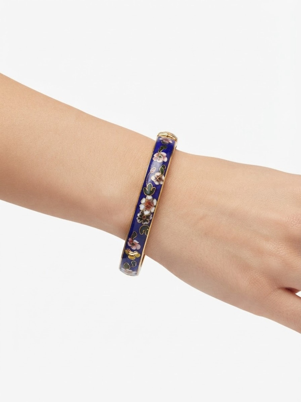 Blue Floral Cloisonné Gold-Trim Bangle Bracelet As Is